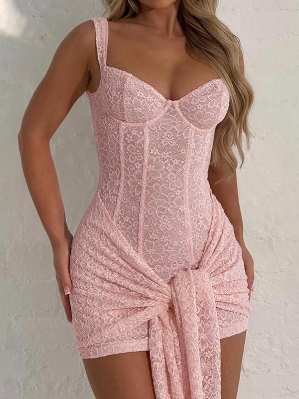 Women's Floral Lace  Strappy Corset Structure Dress, Elegant Sleeveless Short Dress for Party Club Dating Wear, Ladies Summer Clothes