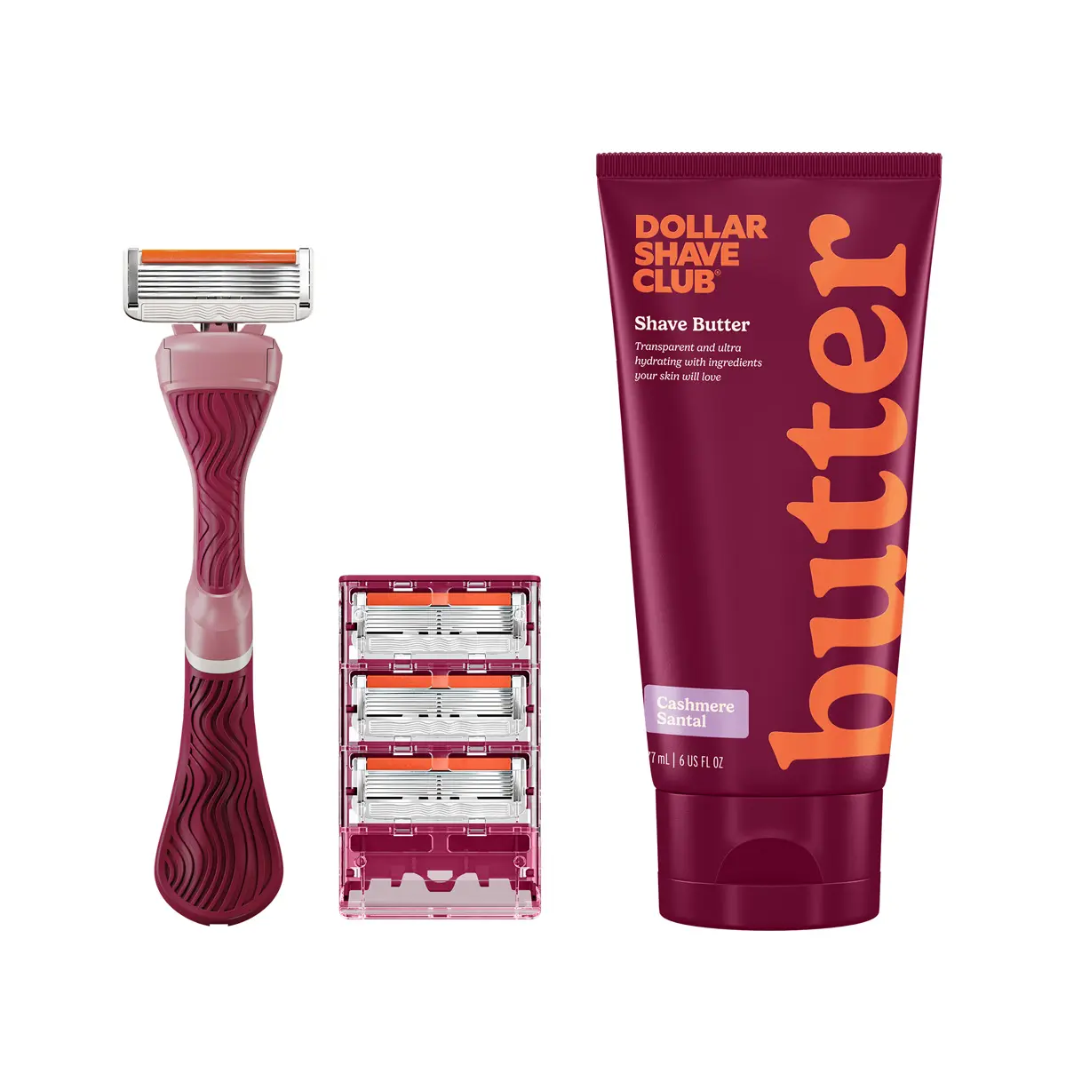 Dollar Shave Club Women's Razor Bundle – Wavy Grip Handle + Signature 6-Blade Refills (4ct) + Hydrating Shave Butter for Smooth Skin