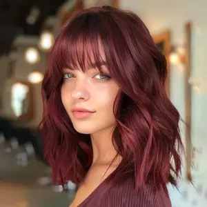 Nnzes Short Wavy Wig with Bangs for Women Shoulder Length Bob Curly Women's Charming Synthetic Wigs with Natural Wavy Wine Red Heat Resistant Hair for Daily Party Use