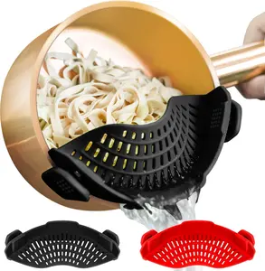 2PACK AUOON Clip on Strainer for All Pots Pans - Silicone Kitchen Colander Food Strainer for Pasta Meat Vegetable Fruits | Easy to Use and Store, Dishwasher Safe (BlackRed)