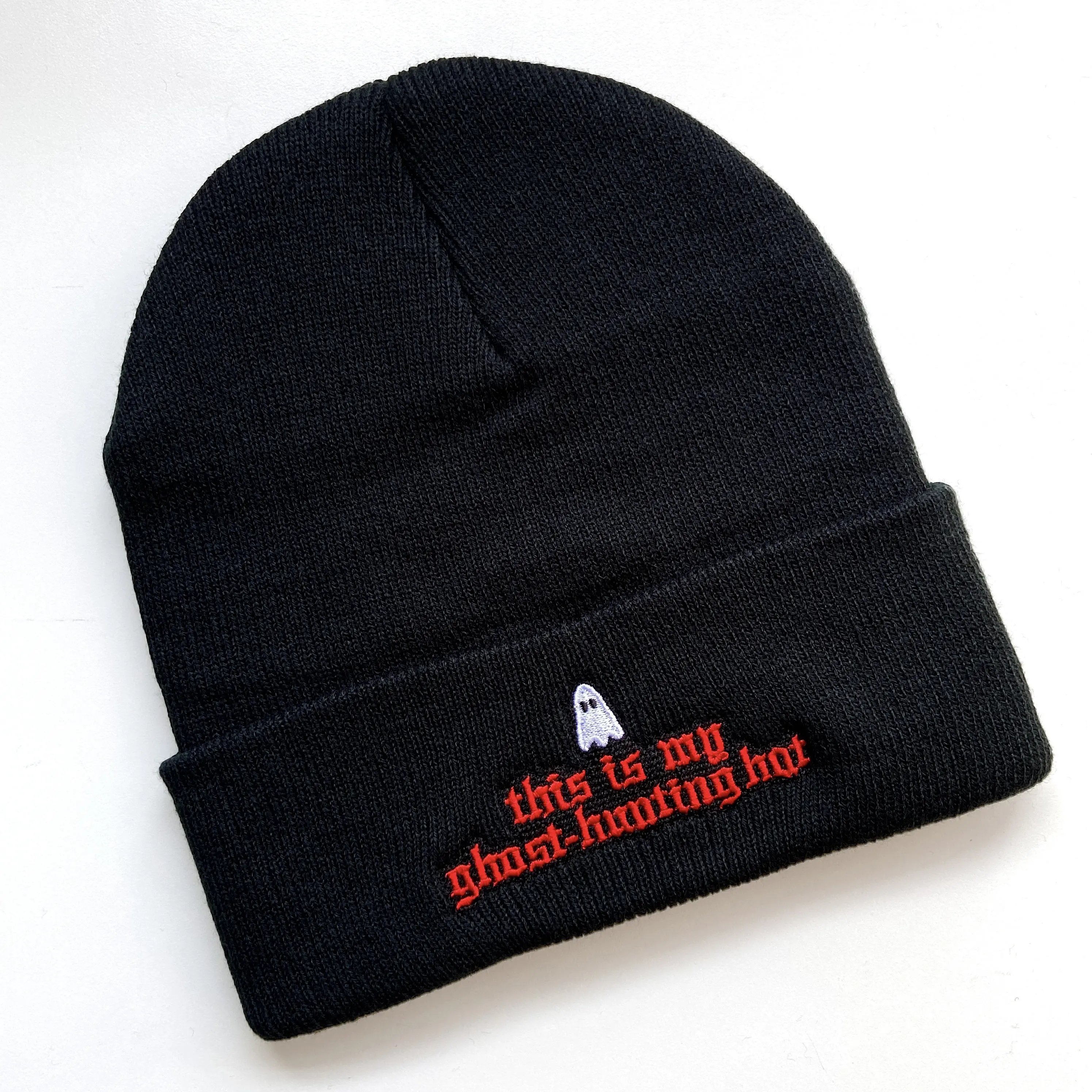 Ghost Hunting Beanie - Spooky Doodle Club Black Embroidered Beanie - Halloween Hat for Spooky Season, Fall Grunge Accessory, Horror Goth Grunge
