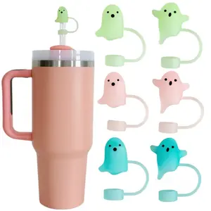 6PCS Luminous Ghost Silicone Straw Covers, Halloween Straw Toppers for 20/30/40oz Stanley Tumblers, Cute Spooky Drinkware Accessories