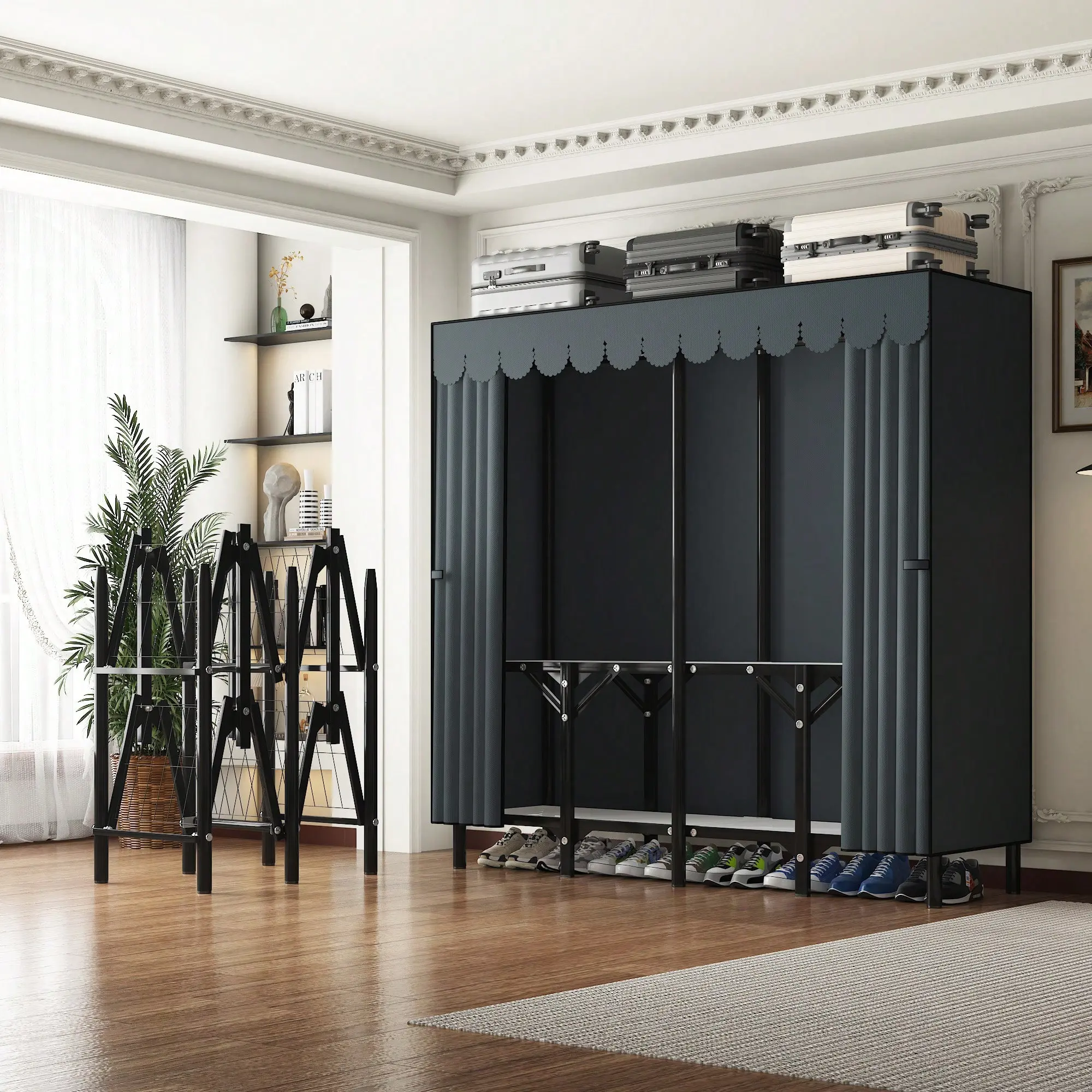 Gray 150cm Folding Design Portable Closet Wardrobe, Easy Setup Non-Woven Fabric Clothes Organizer with 22mm Steel Pipe Frame, Large Capacity Sturdy Storage for Bedroom Dorm Apartment Small Space