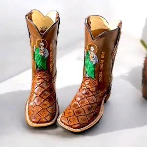 Men's Boots fish pescado Leather Walking Shoes with Rubber Sole cowboy boots western- Available in Various Sizes - Decor, Boy Closed Footwear Comfort. Weight Suede Design Cowhide