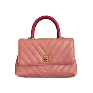 Pre-owned CHANEL Calfskin Crossbody Bags Lizard Trimmed Small Cheveron Coco Handle Salmon Pink (25***02) AN090