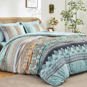 Boho Comforter Set Queen - 7 Pieces Bed in a Bag, Bohemian Striped Comforter Set with Sheets, Soft Microfiber Sage Green Floral Bedding Set for All Season