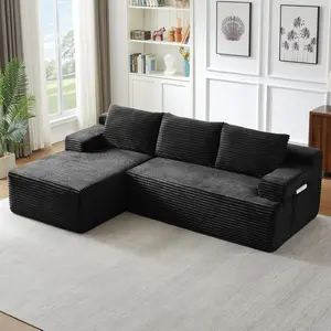 96" Modular L-Shaped Corduroy Fabric Sofa, Modern Boneless Upholstered Large Cushion Sofa Set with Deep Seat for Living Room, No Assembly Required (Black, Left-Facing Chaise), L-Shaped Sofa Sets