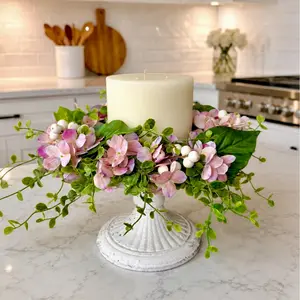 Pink Floral Hydrangea Wreath, 14" Pink Hydrangea Candle Wreath, Handmade Summer Floral Decor