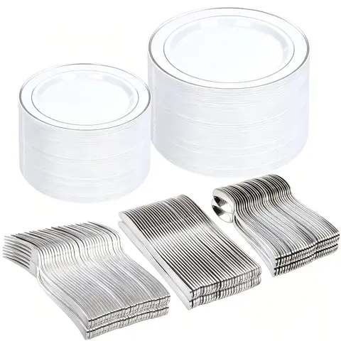 500pcs disposable Plastic Dinnerware Sets Includes: 100 Multicolor Dinner Plates, 100 Salad   Silver Plates, 100 Plastic Silverware Set for easter Disposable Tableware Elegant Plastic Plates