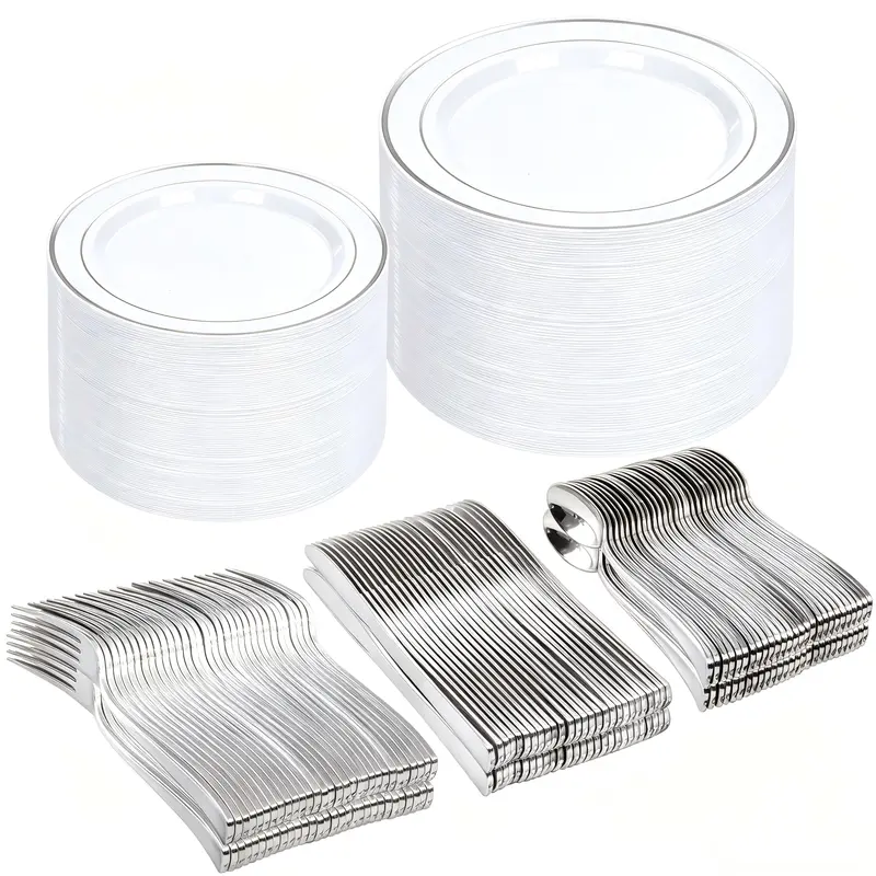 500pcs disposable Plastic Dinnerware Sets Includes: 100 Multicolor Dinner Plates, 100 Salad   Silver Plates, 100 Plastic Silverware Set for easter Disposable Tableware Elegant Plastic Plates