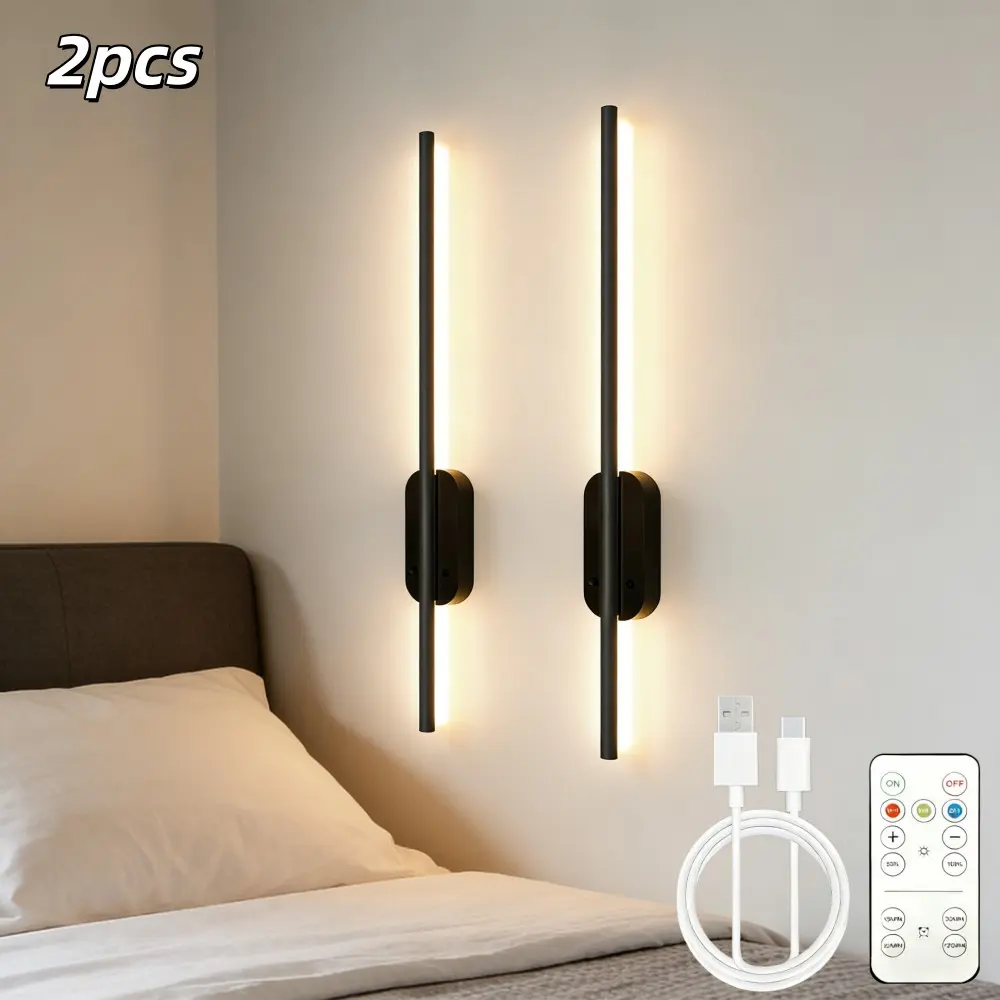 2pcs 20-Inch Black Modern Rechargeable LED Decorative Wall Lamp with IR Remote Control Dimmable Lighting Modes Adjustable Cordless Wall Sconce, Magnetic Fixation, 3000K/4000K/6000K Color Temperature, Led Decoration Lamp, Decorative Lights
