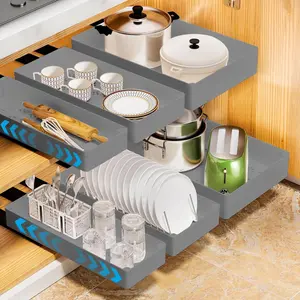 Garvee and Garvee Telescopic Kitchen Drawer Organizers and Under Sink Storage Racks, Space-Saving Pull-Out Solutions with Adhesive, Metal Slides, and ABS Drawers, Various Sizes for Kitchen, Pantry, and Bathroom