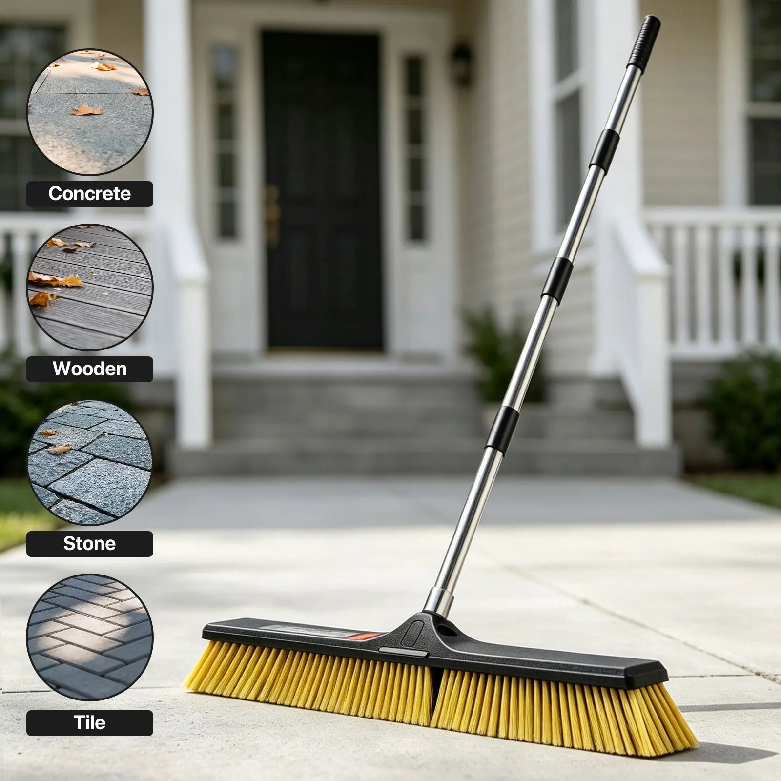 Heavy Duty Push Broom Brush 24" Wide with 65.3" Iron Pole for Outdoor Indoor Cleaning, Yellow