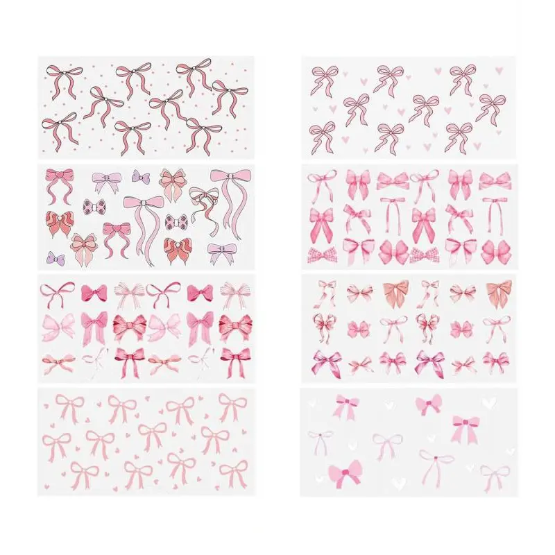 8 Sheets Bow Theme UV DTF Cup Wrap Transfer for Glass Cups Bow Stickers Rub on Transfers for Crafts Waterproof Transfer Stickers for 16oz Libbey Glass Cups Sticker Packs