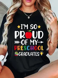 100% Cotton Proud Of My Preschool Graduates Last Day Of School Teacher T-Shirt Round Neck Short Sleeve T-Shirt Women's Men's Graphic Tee