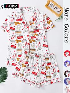 women's all over print button front shirt & shorts pyjama set, comfort two-piece pj set for homewear, women's sleepwear for all seasons, womenswear, matching pj set