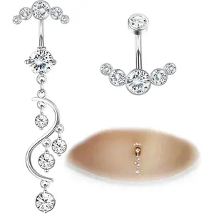 FIASASO Belly Button Ring for Women Unique 14G 316L Stainless Steel Dangle Belly Rings Belly Piercing Jewelry Navel Barbell Bling Crystals Body Jewelry