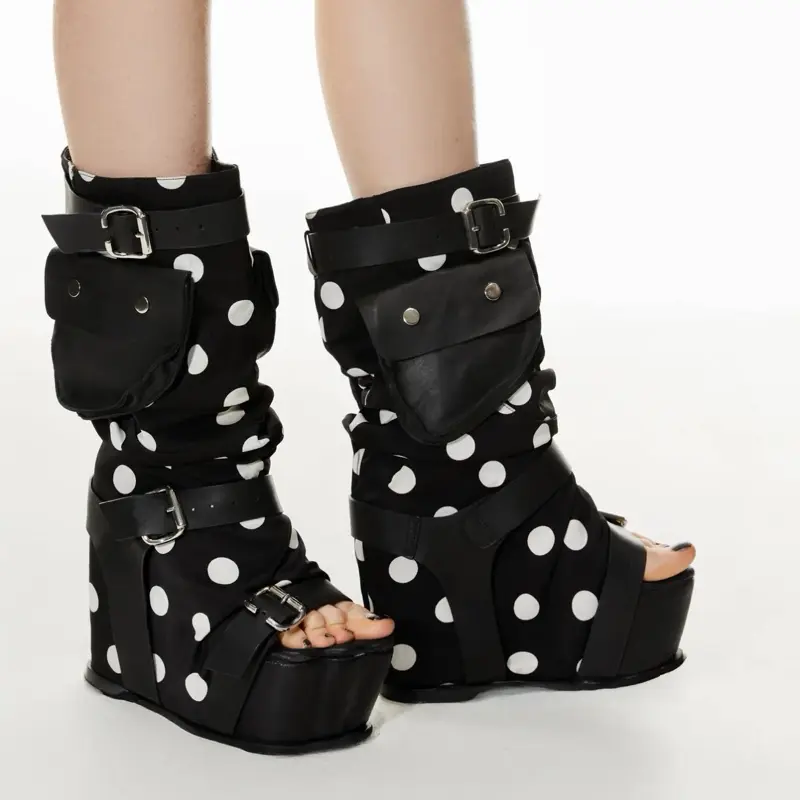 STELLAXINGYI SS26 Polka Tower Boots - Black with White Polka Dots, 14cm Wedge Heel, 7cm Platform, Adjustable Buckles, Functional Side Pockets
