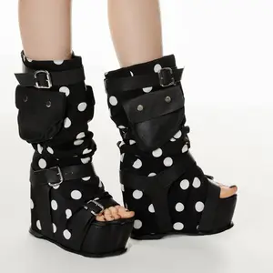 STELLAXINGYI SS26 Polka Tower Boots - Black with White Polka Dots, 14cm Wedge Heel, 7cm Platform, Adjustable Buckles, Functional Side Pockets