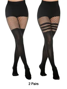 2 Pairs Women Fishnet Stocking Tight Legging Black Stockings Small Hole Pattern High Pantyhose Waist Lace Fit Womenswear