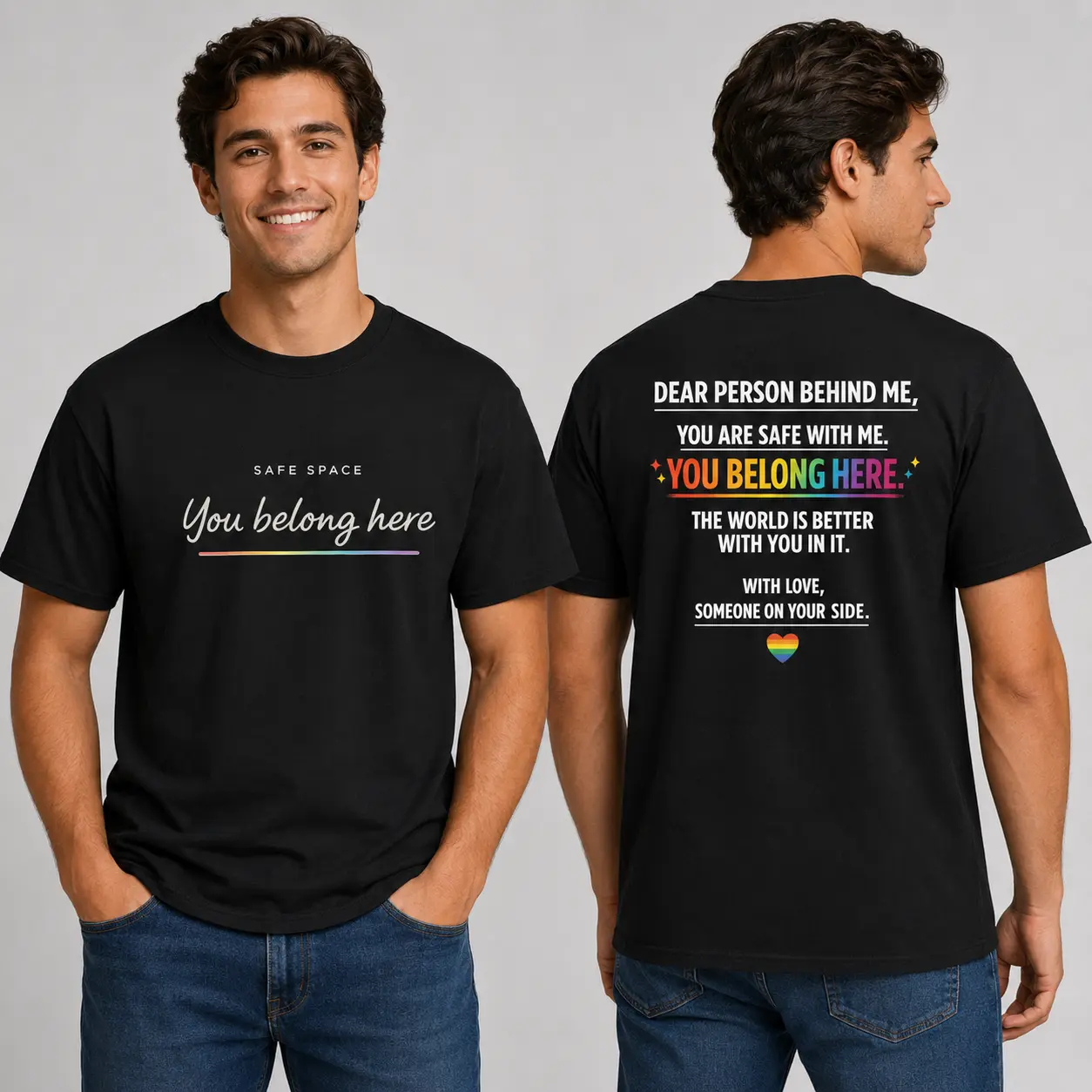 Men's Oversized Round Neck Shortsleeve Soft Cotton Fabric T-Shirt - Pride Themed Casual Streetwear Top with "Dear Person Behind Me - You Are Safe With Me" Back Print