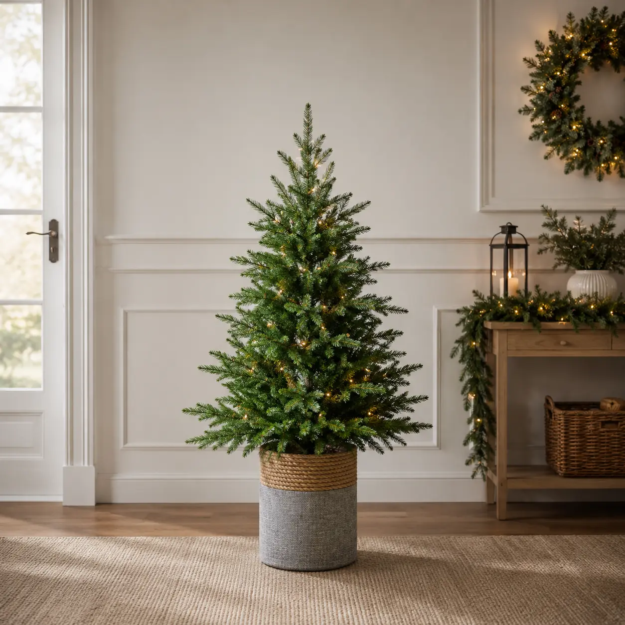 Grandis Set 2 Pre-Lit Trees, Wreath, & Garland Battery Operated