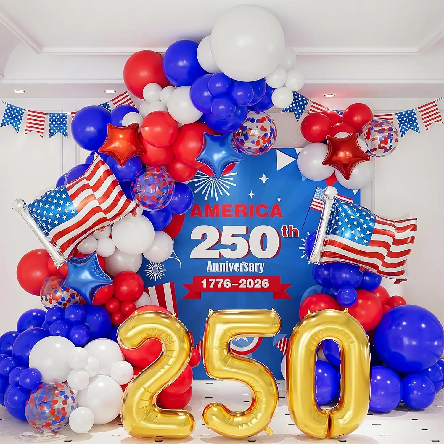 146PCS Red White Blue Balloon Arch Kit with Flag & Number Foil Balloons for Party Decorations