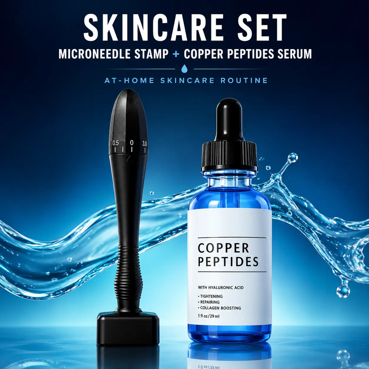 Derma Stamp & Copper Peptide Serum Kit, Adjustable 140-Needle Skincare Stamp with JAYSUING GHK-Cu + Hyaluronic Acid Serum, At-Home Facial Care Set, 30 mL