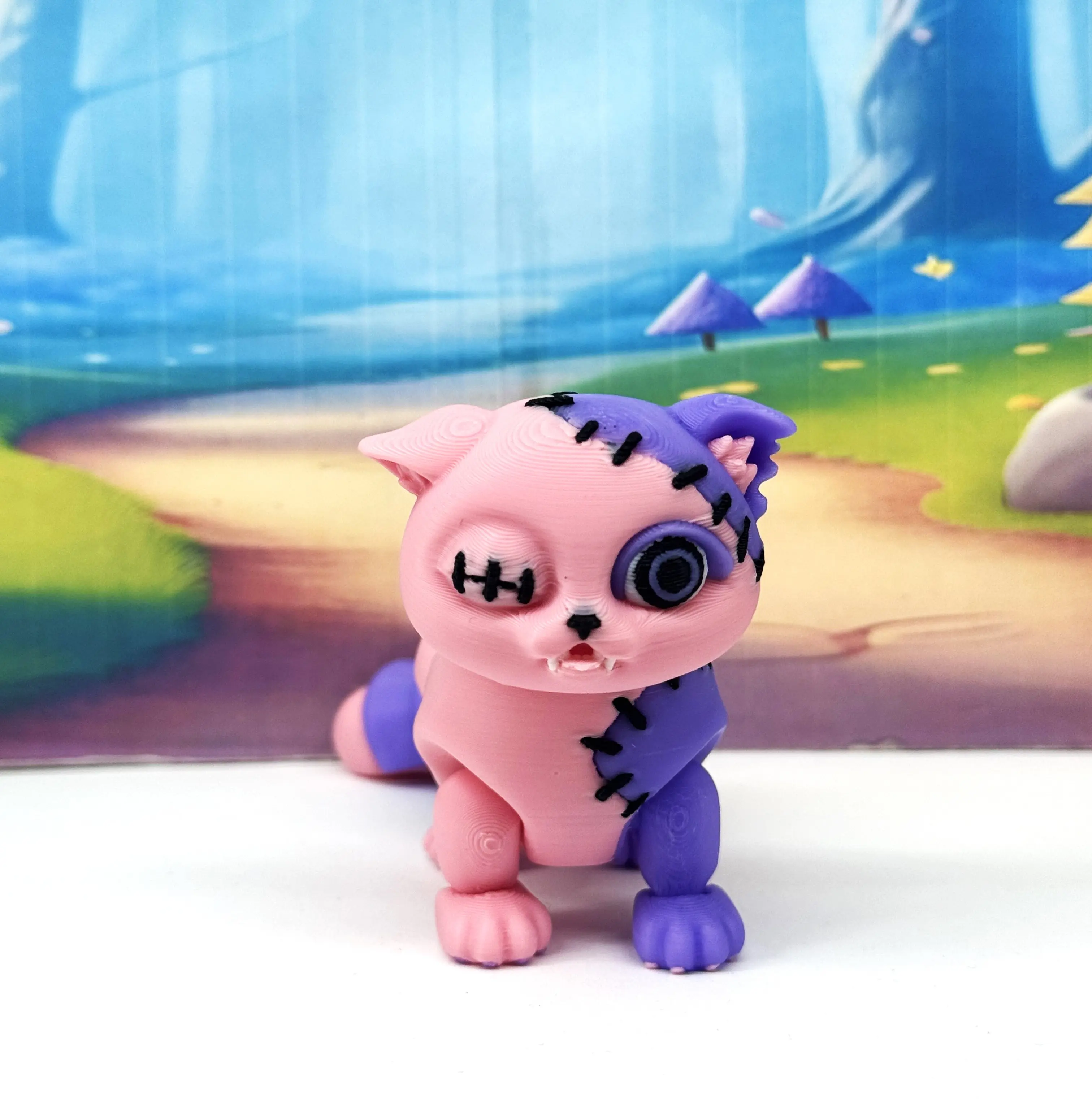 Patchwork Cat Fidget Toy, Stitched Kitty Cat, 3" 3D Printed Articulated Spooky Pink Cat, Halloween Decor ,