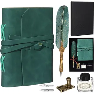 6 count Halloween Leather Journal  Bound Notebook  Pen Ink Set,  Journal 220 Pages Leather Diary  Pen in  Box  to School Supplies Men and Women(Dark Green)