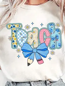Preppy Teacher Floral Coquette Shirts, Teach Blue Floral Tee, Preppy Teacher Tops, Pencil Bow Teacher Checkered T-Shirts