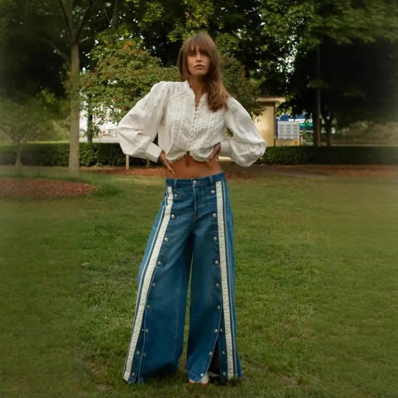 Fashion and retro personalized breech split fork color matching wide leg mopping denim trousers women