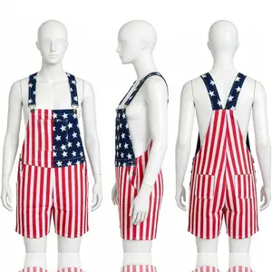 USA Flag Denim Overalls Jumpsuit for Adults 4th of July Outfit Ideas 2026 Memorial Day Gift for Patriotic Couples Stretchy Cotton Romper for Carnival Concert Summer Holiday Travel Beach Party