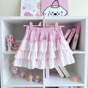 Sweet Japanese Elastic Waist Pink Polka Dot Skirts Kawaii Fashion Patchwork Loose Short Skirt Women's Design Bow Lovely Outfits