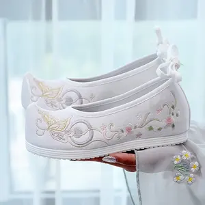 1 Pair of Vintage Embroidered Bow Shoes - White Fabric Hanfu Style with Floral & Butterfly Design,  Hand Washable, Perfect for Traditional Outfits and Everyday Elegance, Costume Shoes |   Decorative Shoes |   Fabric Upper Shoes Women Foot Wear