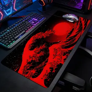 Red Sun Japanese Wave Large-Sized Gaming Mouse Pad, Dark Aesthetic Ocean Art Desktop Protection Pad, Anti-Slip Rubber Lock Edge High-Definition Printing, Suitable For Japanese Art Lovers, Great Gift For Gamers