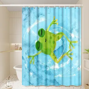 1pc Green Frog Swimming Cartoon Printed Shower Curtains with Plastic Hooks Shower Curtain for Bathtub Bathroom,Suitable for Home and Hotel Machine Washable Bathroom Decor as Best Summer Gifts for Friends