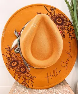 Floral Burned Hat, Floral Engraved Cowboy Hat, Sunflower Hat, Sunflower Burned Fedora, Engraved Fedora, Engraved Felt Hat, Boho Hat