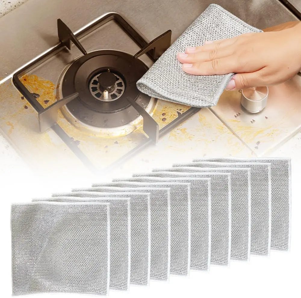 10 Pcs Multipurpose Wire Dishwashing Rags, 2024 New Metal Wire Dishwashing Cloths Towels Scrubs Cleans, Premium Scrubbing, Non-Scratch Wire Dishcloth for Dishes, Sinks, Stove Cleaning Kitchen Wall Steel
