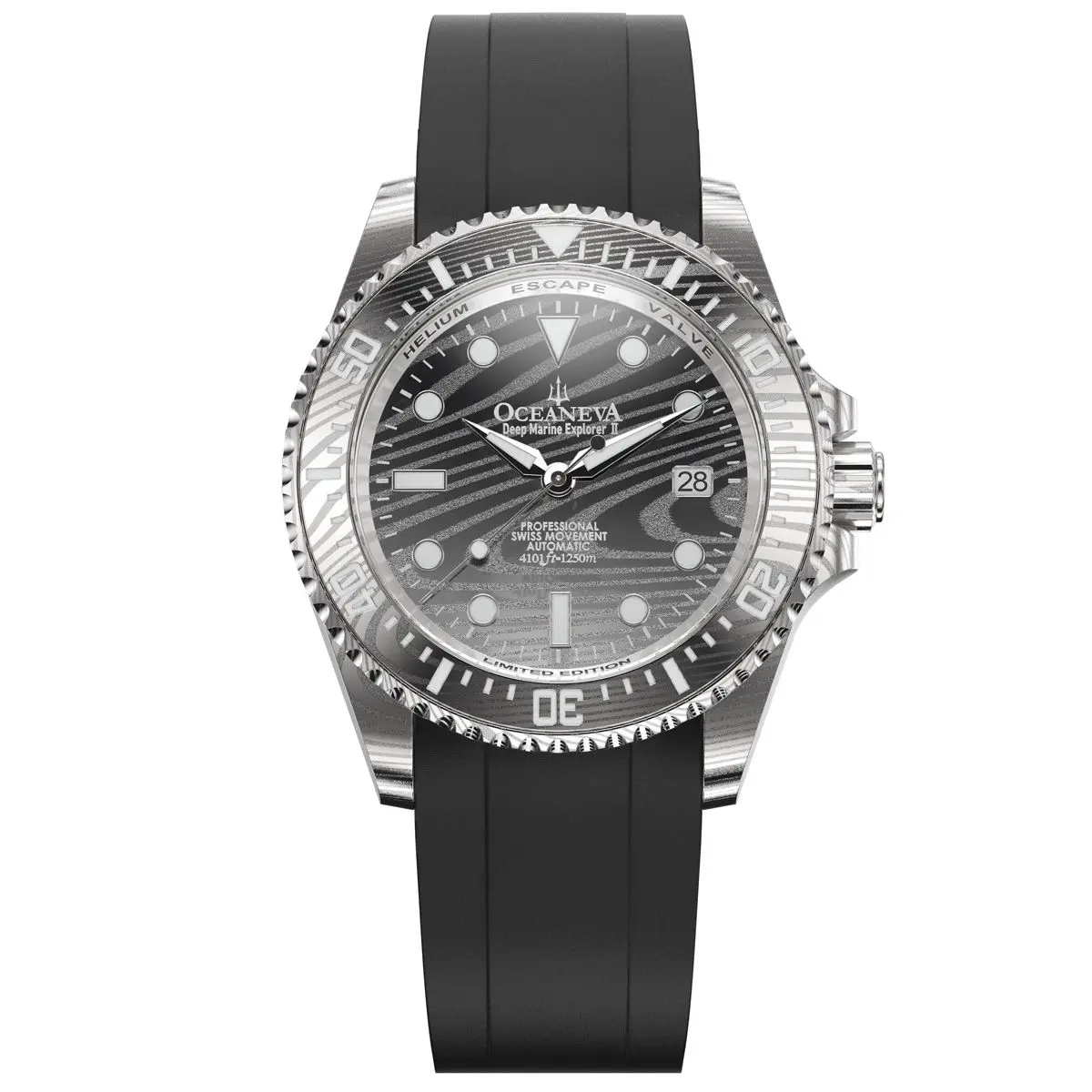 Oceaneva Men's Deep Marine Explorer II - 1250M Swiss Dive Watch with Damascus Steel Dial & FKM Rubber Band