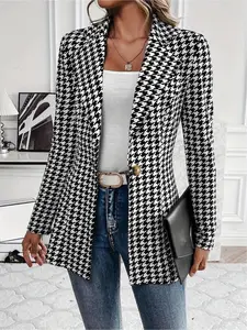 Women's Houndstooth Print Open Front Blazer, Casual Long Sleeve Outerwear for Work Office Business, Ladies Clothes for All Seasons, Womenswear（gift）