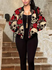Women's Skull Print Zip Up Bomber Jacket, Halloween Theme Casual Long Sleeve Baseball Collar Outerwear for Fall & Winter, Ladies Clothes for Daily Wear