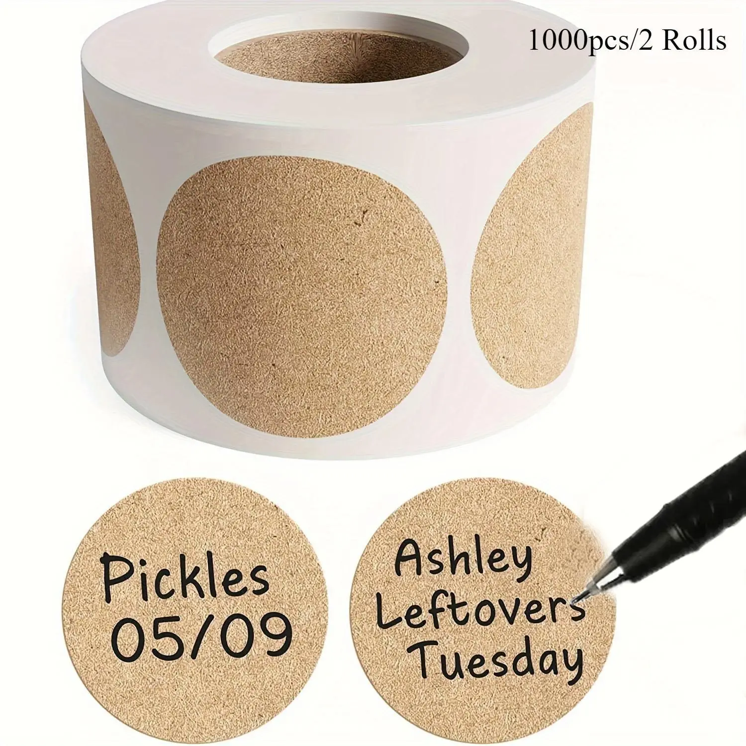 Kraft Paper Round Self-adhesive Label Paper, 1000pcs/2rolls Item Classification Name Stickers, Personalized Label Stickers for Home & Office, Circle Sticker Label, Circle Labels