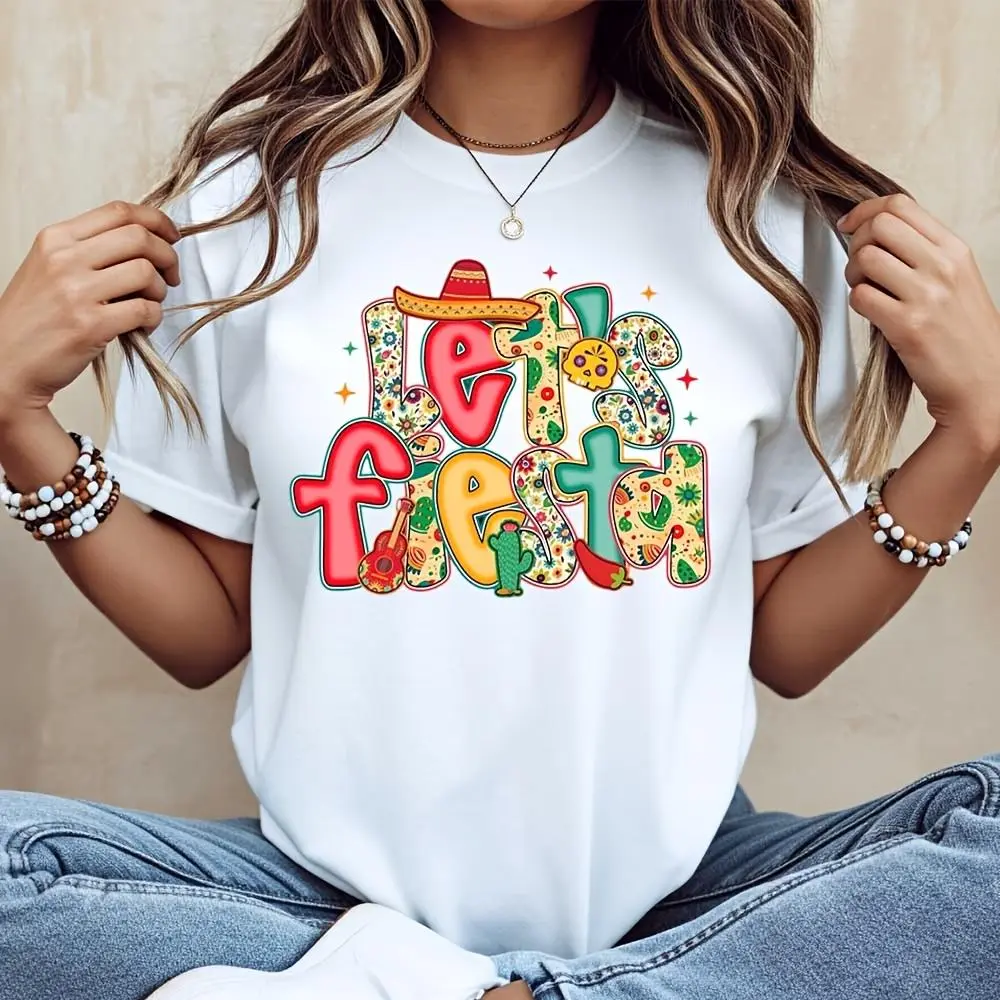 Let's Fiesta Colorful Graphic Print T-Shirt, Mexican Cinco De Mayo Party Summer Casual Top
