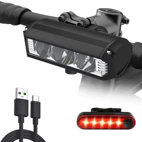 Super Bright 3-LED USB Rechargeable Bike Headlight & Taillight Set - 4 Lighting Modes, 1600lm Wide Beam, IPX6 Water Resistant, Aluminum Body, 18650 2000mAh, Portable Cycling Equipment for Outdoor Night Riding, Ebike Accessories