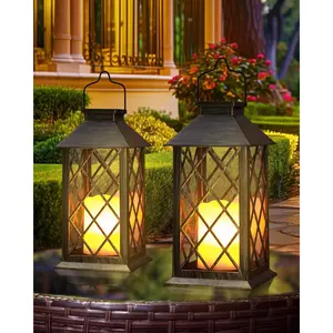 Solar Lanterns Outdoor , 2 Pack 14" Solar Lantern with Glass Retro LED Flickering Flameless Candle,Lanterns Decorative Outdoor for , Yard, Garden, Patio, Balcony,Porch, Party