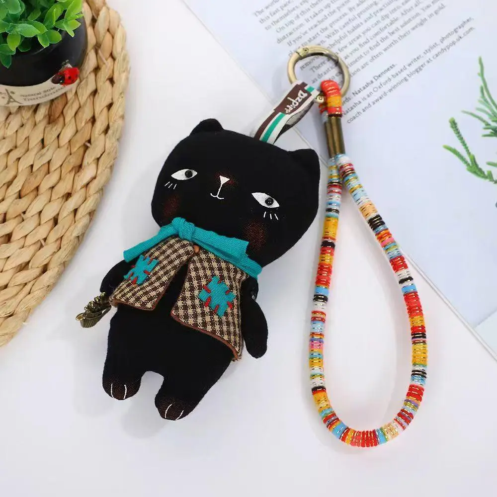 Vintage Handmade Black Cat Keychain Cute Fabric Doll Bag Charm Aesthetic Backpack Pendant Car Key Holder Gift For Girls decoration accessory