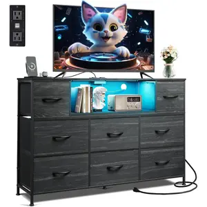 WLIVE Black Dresser for Bedroom, TV Stand for Bedroom for 50, 55 inch TV with Charging Station and LED Lights, Fabric Chest of Drawers with Open Shelves, 8 Drawer Dressers for Living Room, Closet