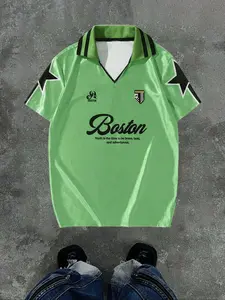 Trendy Men's Retro Boston Print Soccer Jersey Polo, Green Striped Collar V-Neck Short Sleeve Top with Star Accents, 90s Y2K Streetwear Casual Shirt for Urban Daily & Vintage Style Outfits #MensRetroPolo #SoccerStreetwear #90sAesthetic