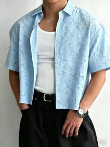 Men's Sky Blue Lace Cutout Embroidery Short Sleeve Aloha Button Shirt, Casual Notch Lapel Open Front Short Top, Streetwear Summer Clothing